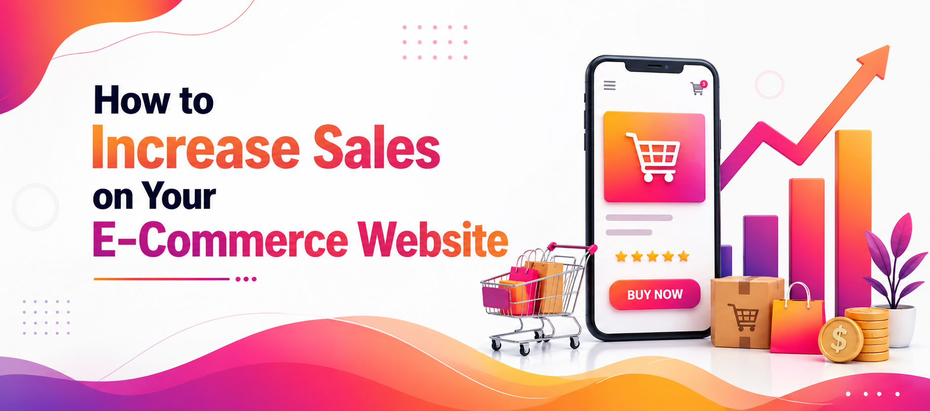 How to increase sales on your e-commerce website with online shopping app, cart, and growth graph illustration
